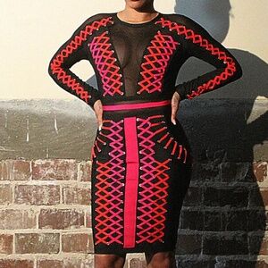 BEBE Red & Pink X-Cross Laces Long Sleeve Bodycon Statement Dress SzM Edgy Punk